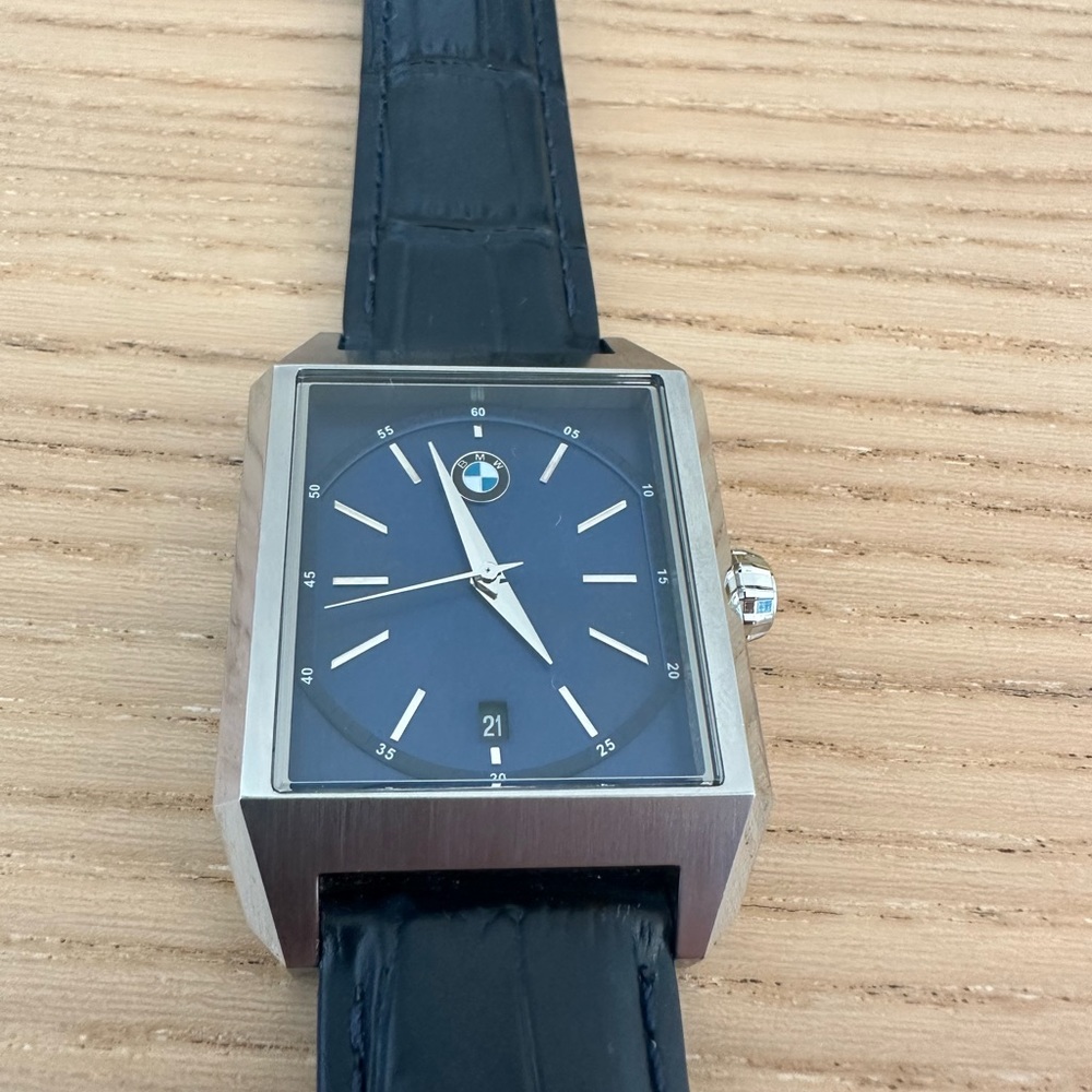 Men’s BMW Three Hand Stainless Steel watch with navy blue embossed leather band